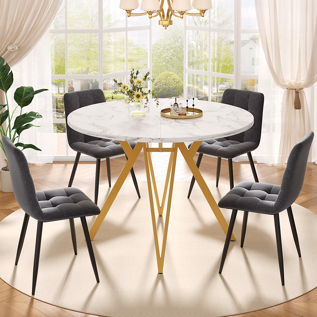 Ensemble table et chaises 100 × 76 cm table ronde plateau MDF marbre avec 4 chaises lin gris – pieds dorés
