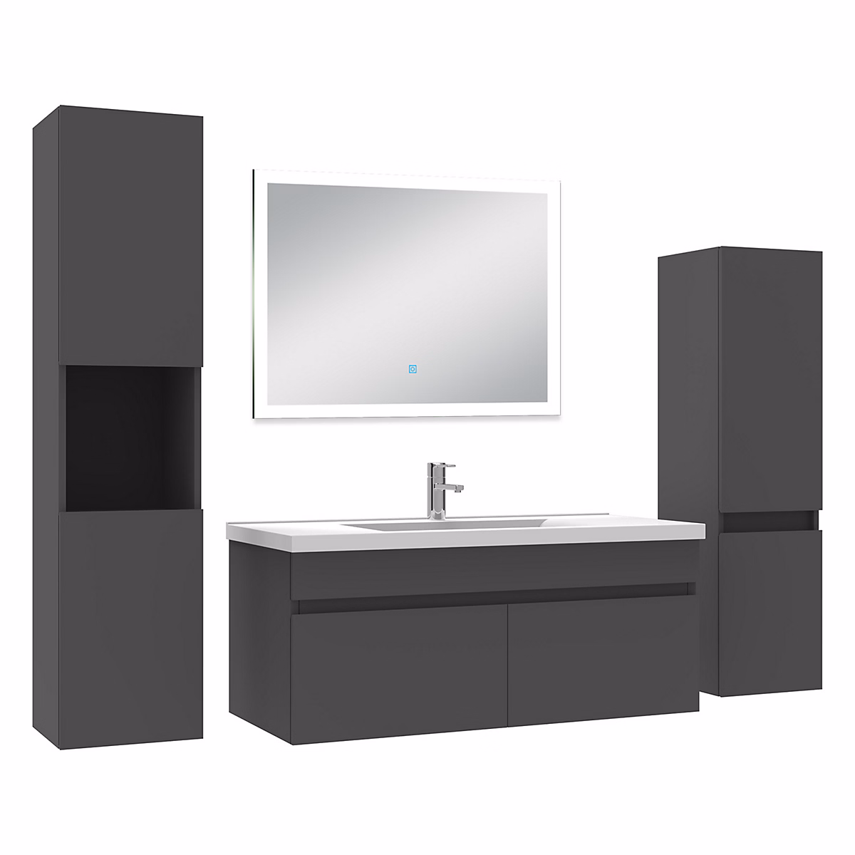 Ensemble meuble Salle de Bain 100cm simple vasque avec colonne + miroir lumineux dimmable anthracite – Réf. VDTONRKHY2753517992