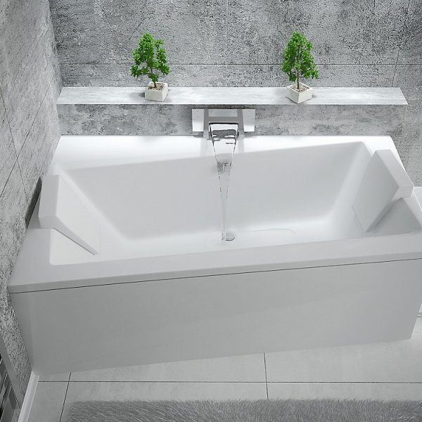 Baignoire asymétrique + tablier blanc + repose tête – INFINITY, 160 × 100 cm, Gauche