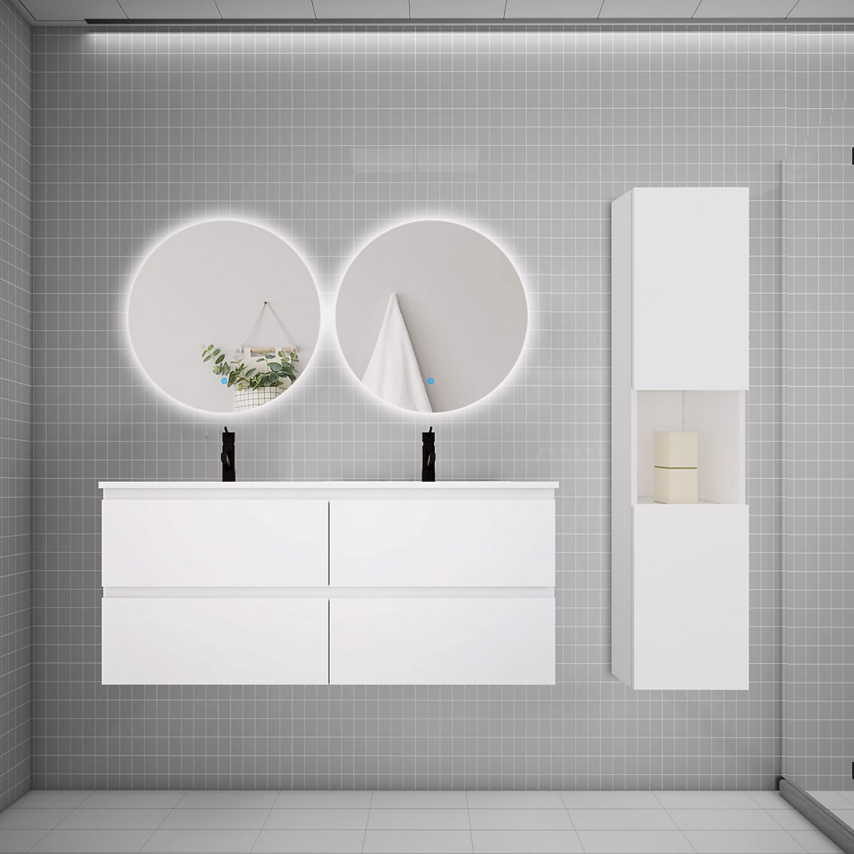 Ensemble meuble blanc et vasque L.120cm 4 tiroirs + colonne haut + lavabo + miroir 60 × 60cm x2-suspendu