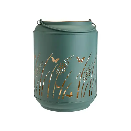 Lanterne en métal vert avec décor papillons doré grand modèle - Ø 20 x H 27,5 cm