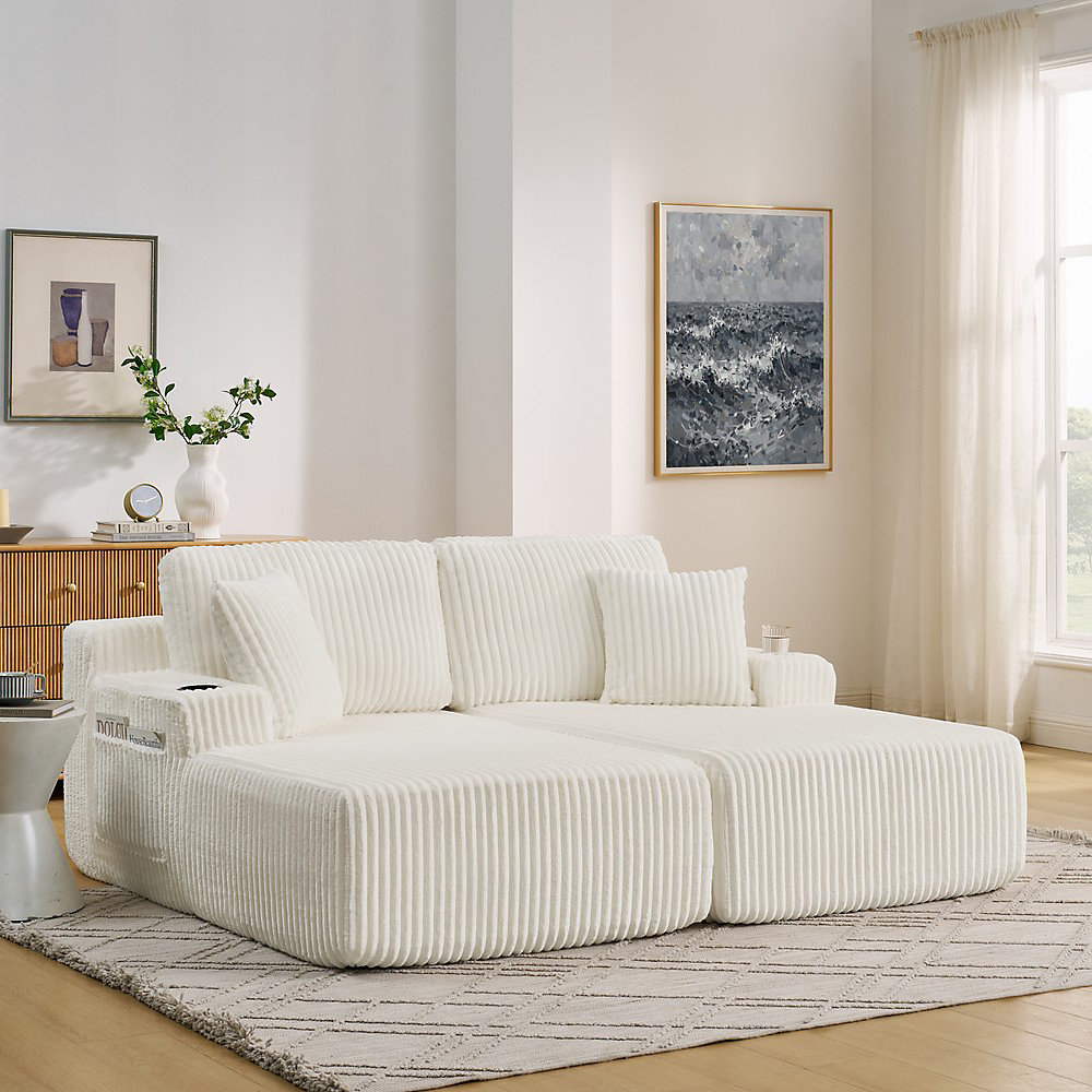 Canapé 2 places convertible en lit – Beige, tissu cordé doux, avec poche latérale, porte-gobelet, coussin inclus