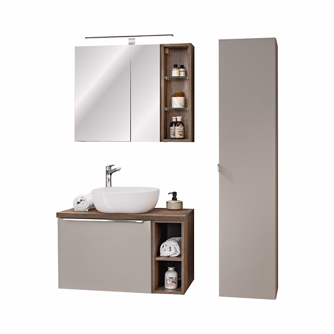 Ensemble VANTA taupe : meubles sous vasque 80cm et vasque à poser et meubles de rangement et miroirs et LED – Réf. HJNNDYTKA1001112883