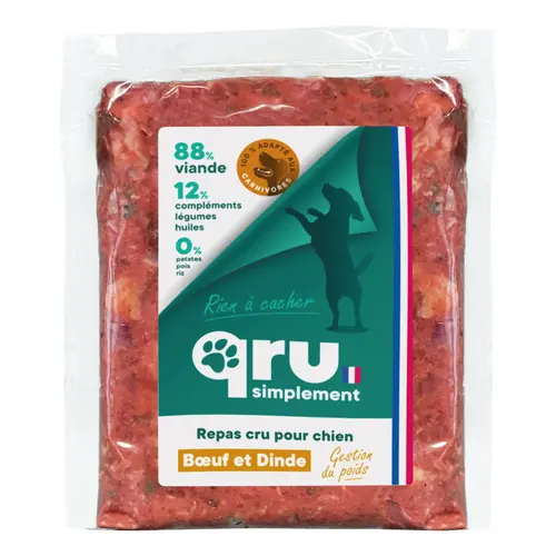 Aliment cru pour chien repas haché bœuf et dinde Qru Simplement congelé - 900 g