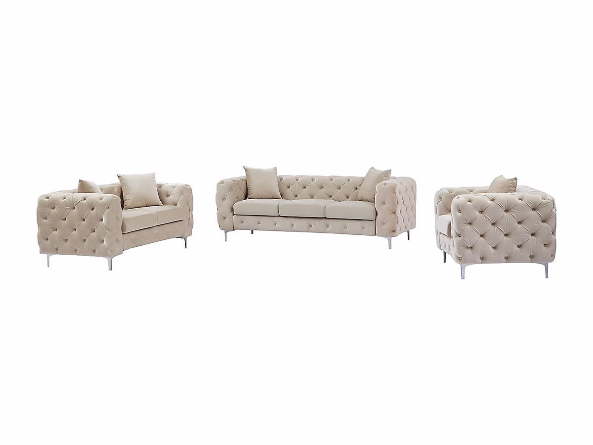 Canapé 3 places – 2 places et fauteuil chesterfield en velours beige EDWINA