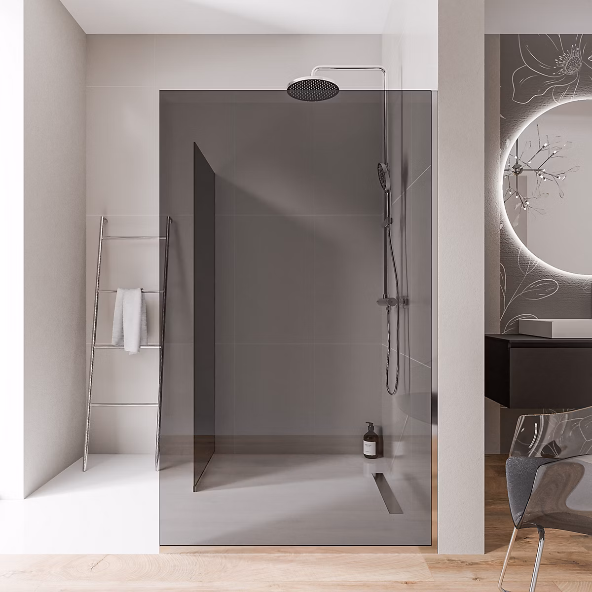 2 Parois de douche italienne d'angle 80 × 200cm + 70cm | verre fumé NANO 10mm – profilé mural + sol inox chrome – EX102