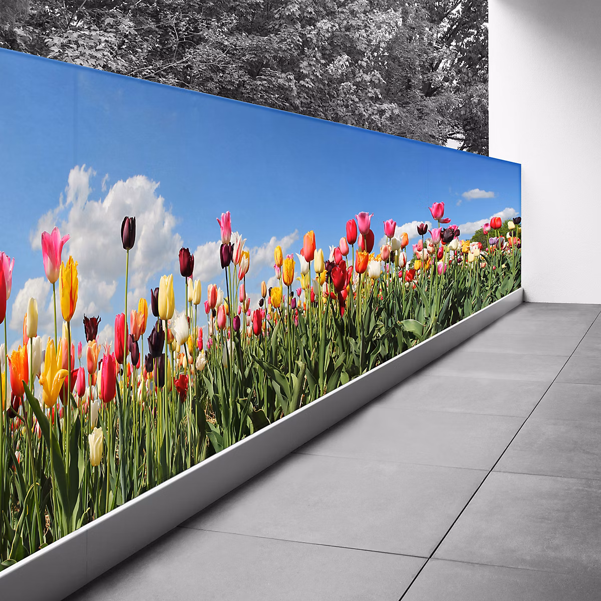 Brise vue Trompe l'oeil – 110 × 357 cm, Tulipes 3617689699769