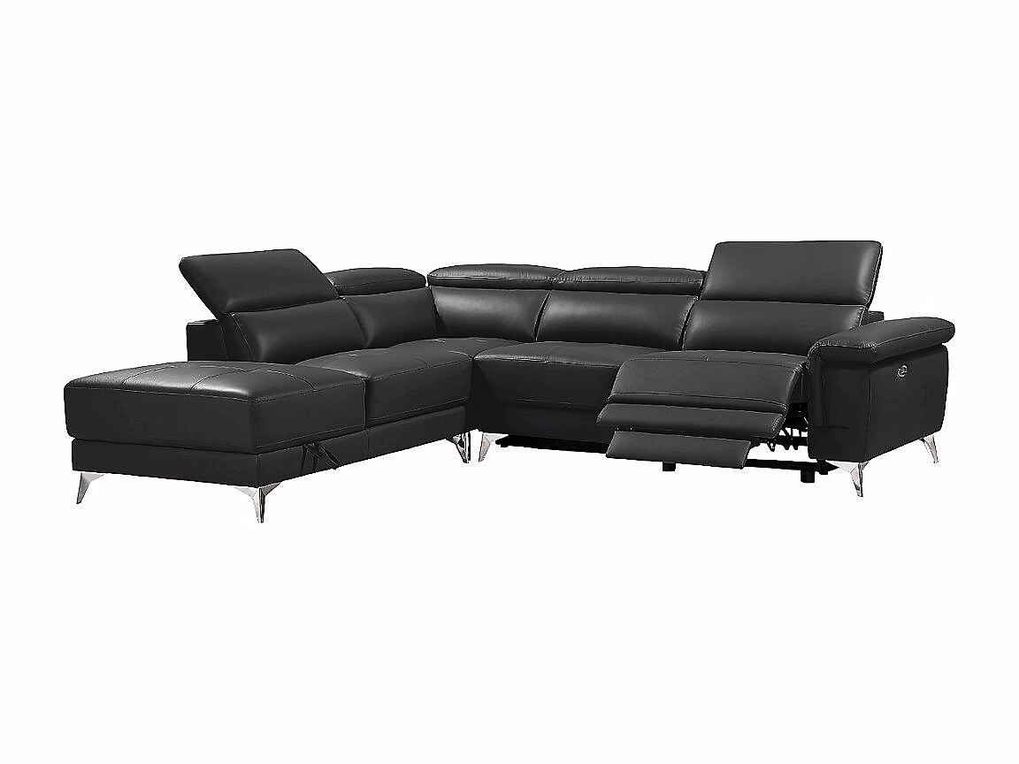 Canapé d'angle gauche relax électrique en cuir gris anthracite PASCALINE | Canapé