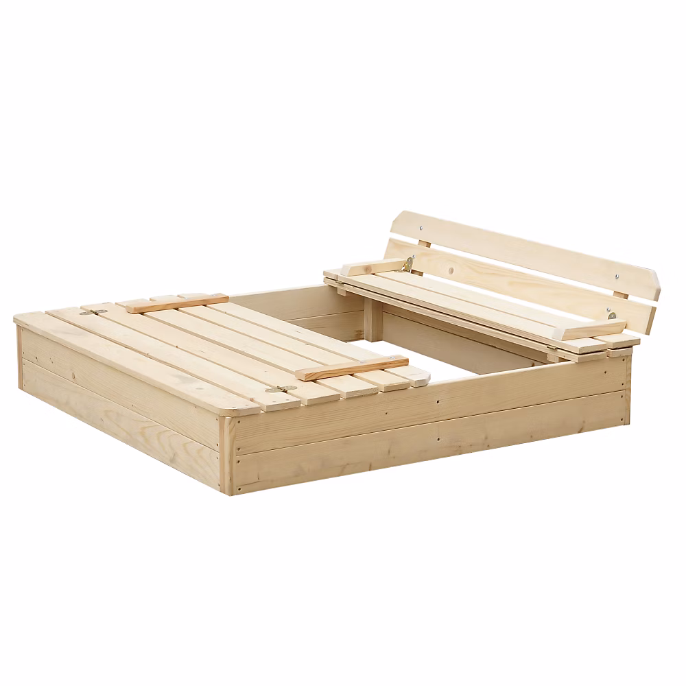 Bac à sable en bois avec couvercle et banc rabattables | 118 x 122 x H20 cm – M051 – 1 – Timbela