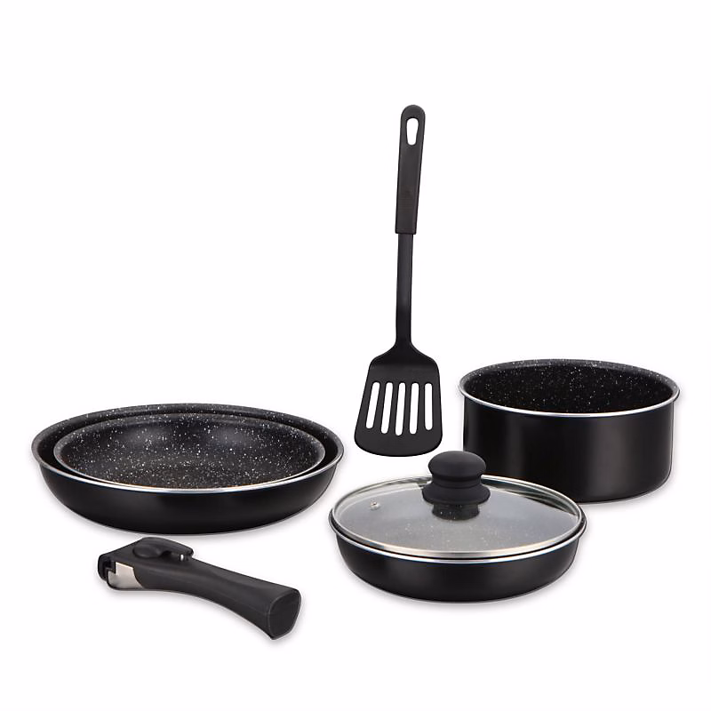 Batterie de cuisine revêtement pierre avec manche amovible 7 pièces noir Herzberg HG8090-7-BK – Réf. XKBGLUGDV5839021726