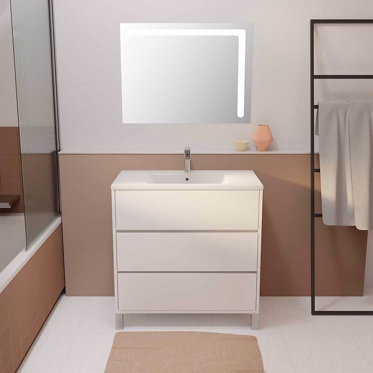 Ensemble meuble de salle de bains – Ensemble Meuble de salle de bain blanc 80 cm sur pied 3 tiroirs + vasque ceramique blanche + miroir