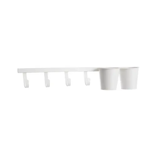 Patère 4 crochets et 2 pots en métal crème - 60 x 11 x 12 cm