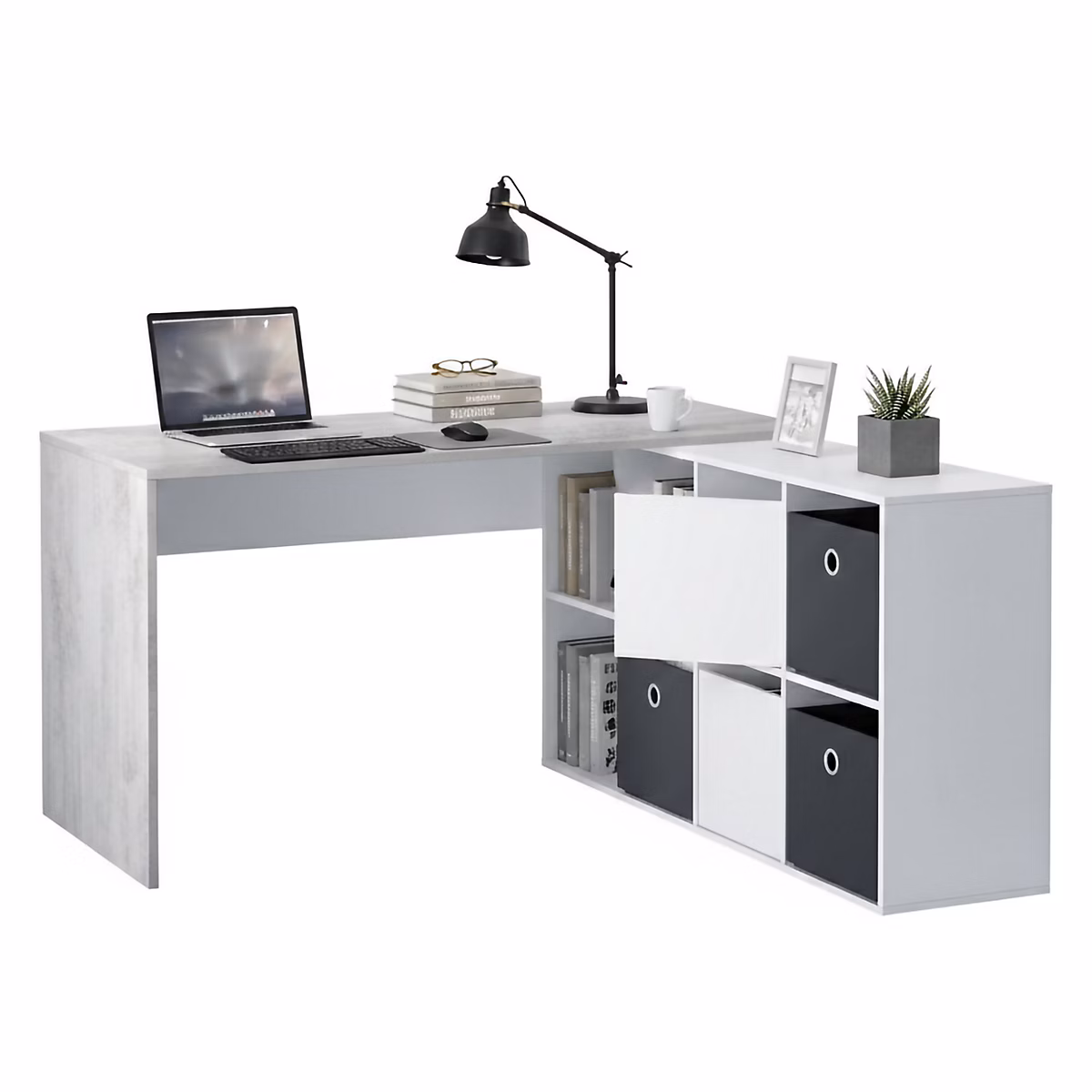 Bureau Dmorlup – Bureau multi, positions réversible, Table d'étude pour PC avec étagère, 136x139h74 cm, Blanc et Ciment