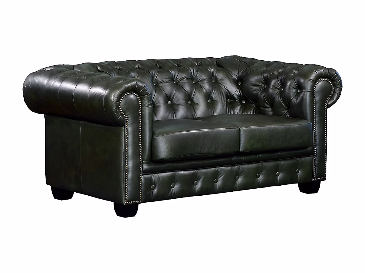 Canapé chesterfield 2 places BRENTON 100% cuir de buffle – Vert empire