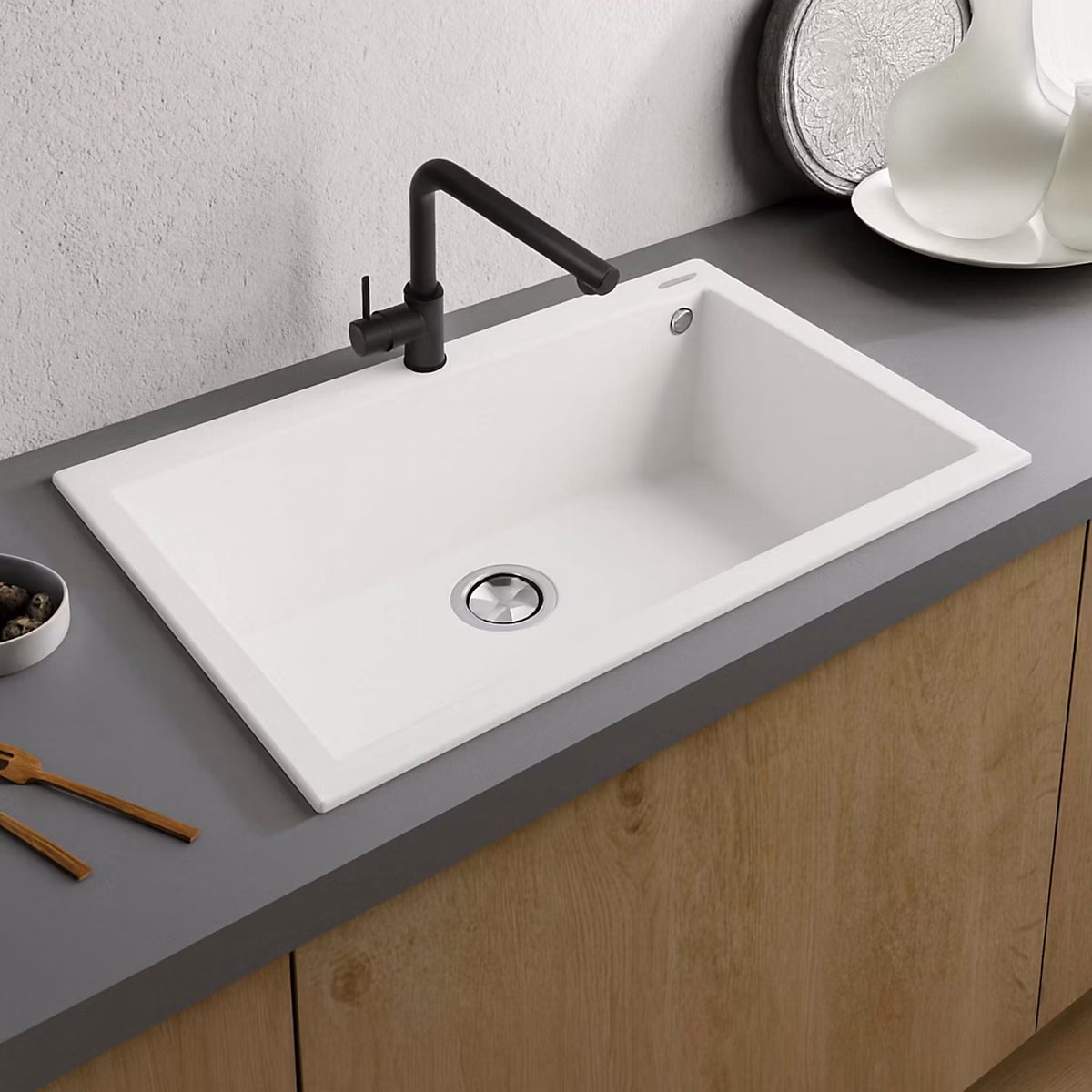 Évier à encastrer 1 Cuve 72 × 40 × 20cm – Quartz Blanc, Kera SE FRÉCAN