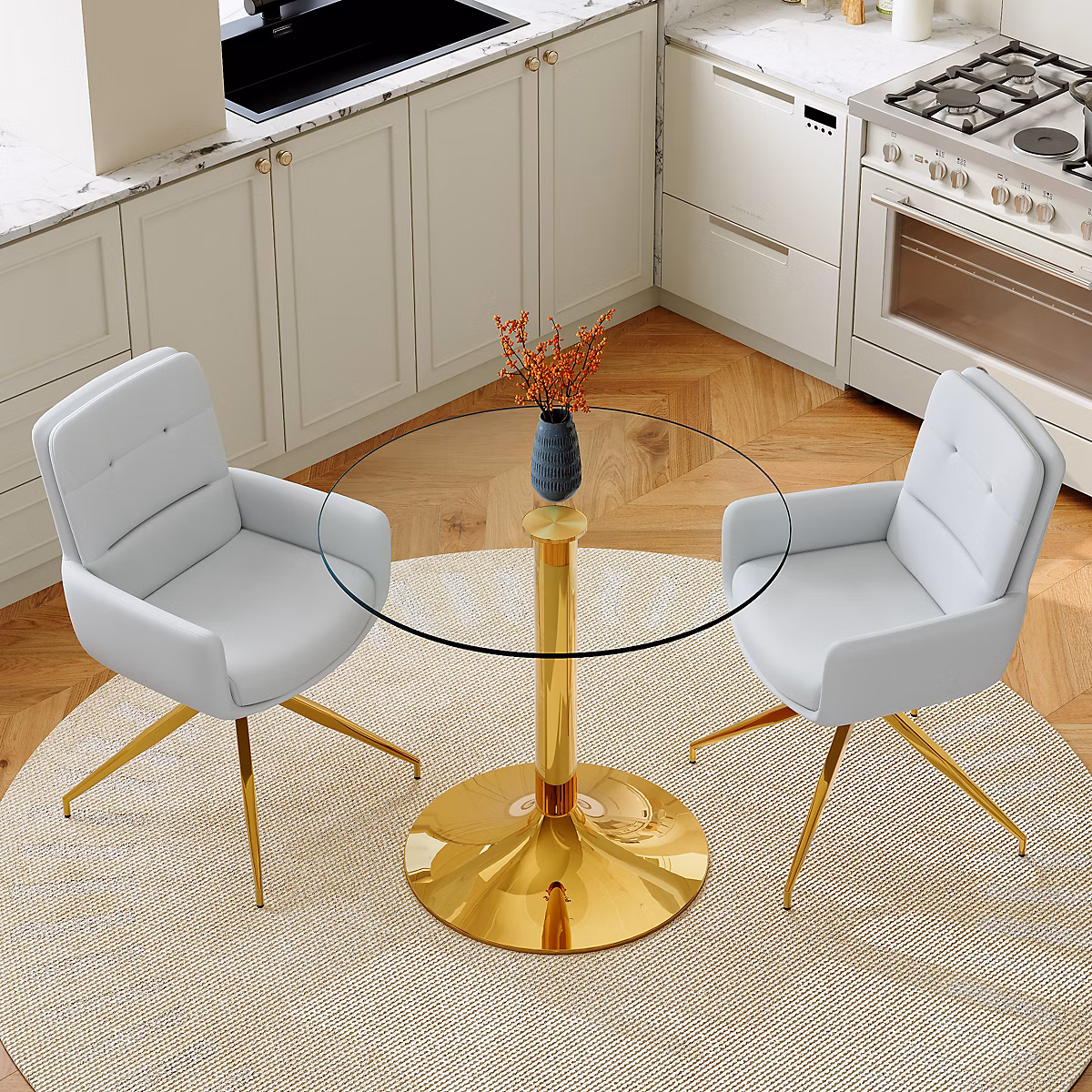 Ensemble table et chaise – Ensemble table ronde 85 cm en verre et métal doré avec 2 chaises pivotantes gris clair