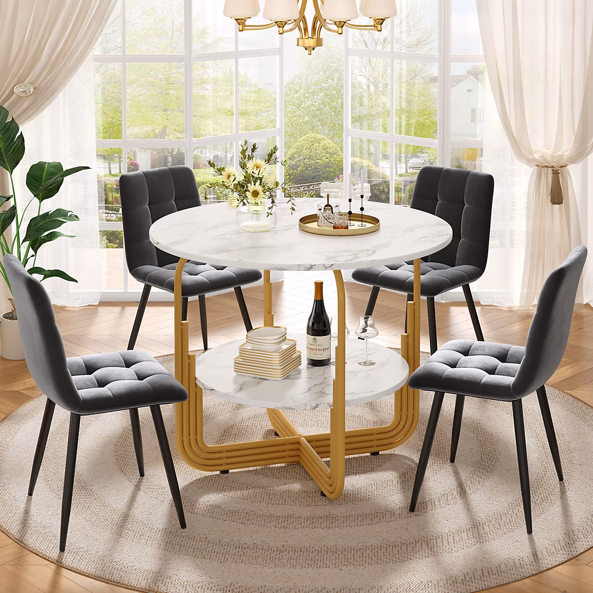 Ensemble table et chaises ronde 80 × 76 cm avec 4 chaises assise rembourrée velours structure métal doré