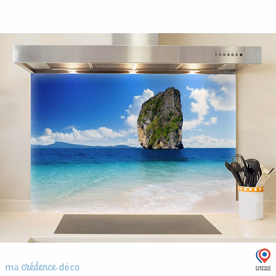 Crédence cuisine fond de hotte Mer et rocher – Verre trempé, L 90 cm x H 50 cm, MaCrédenceDéco