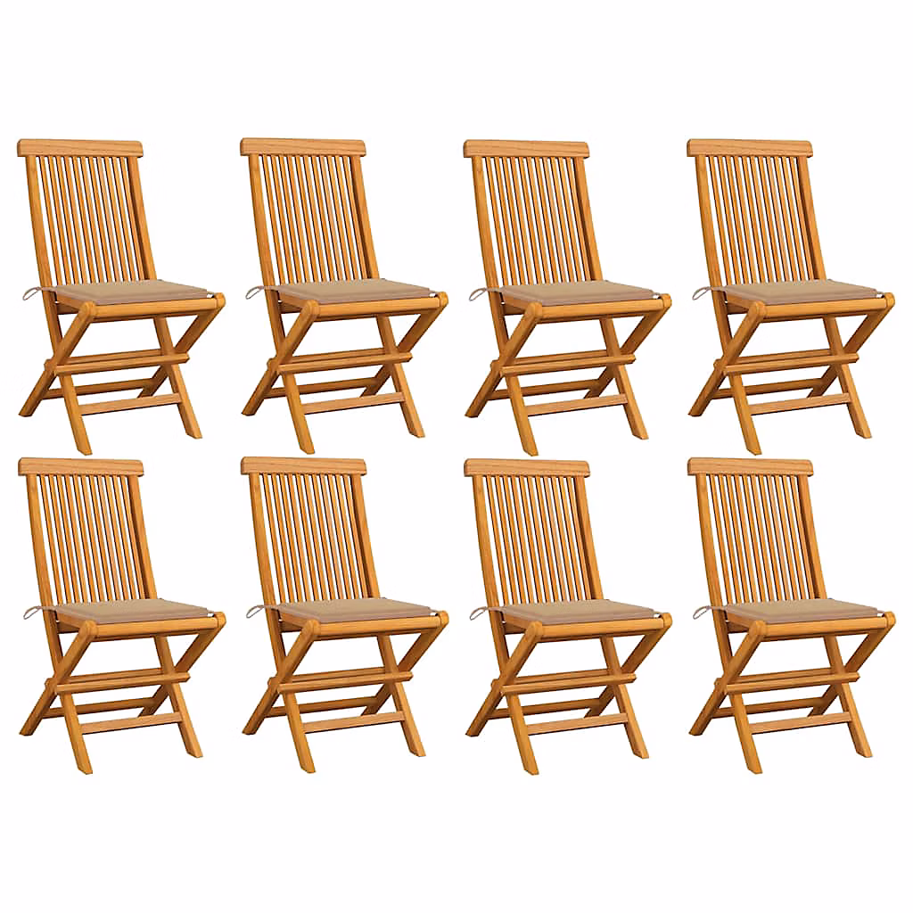 Chaises pliantes avec coussins beiges – 8 pièces, en bois de teck massif vidaXL