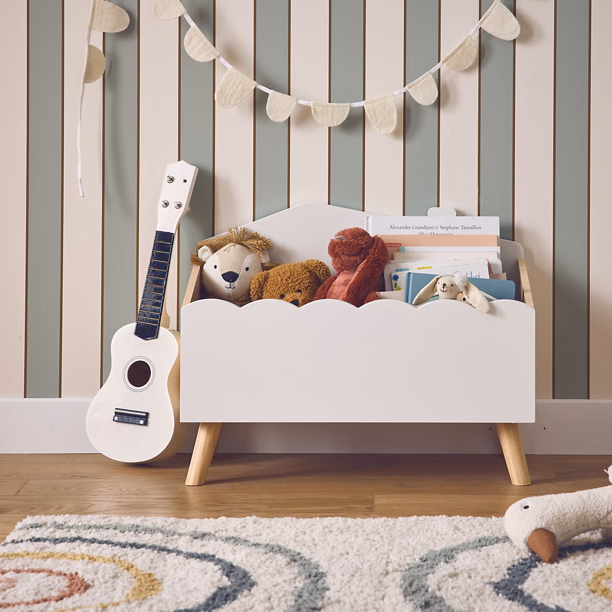 Coffre à jouets enfant effet bois. blanc. L 58 x P 28 x H 44.5 cm – Réf. RODXORZXU6693541943