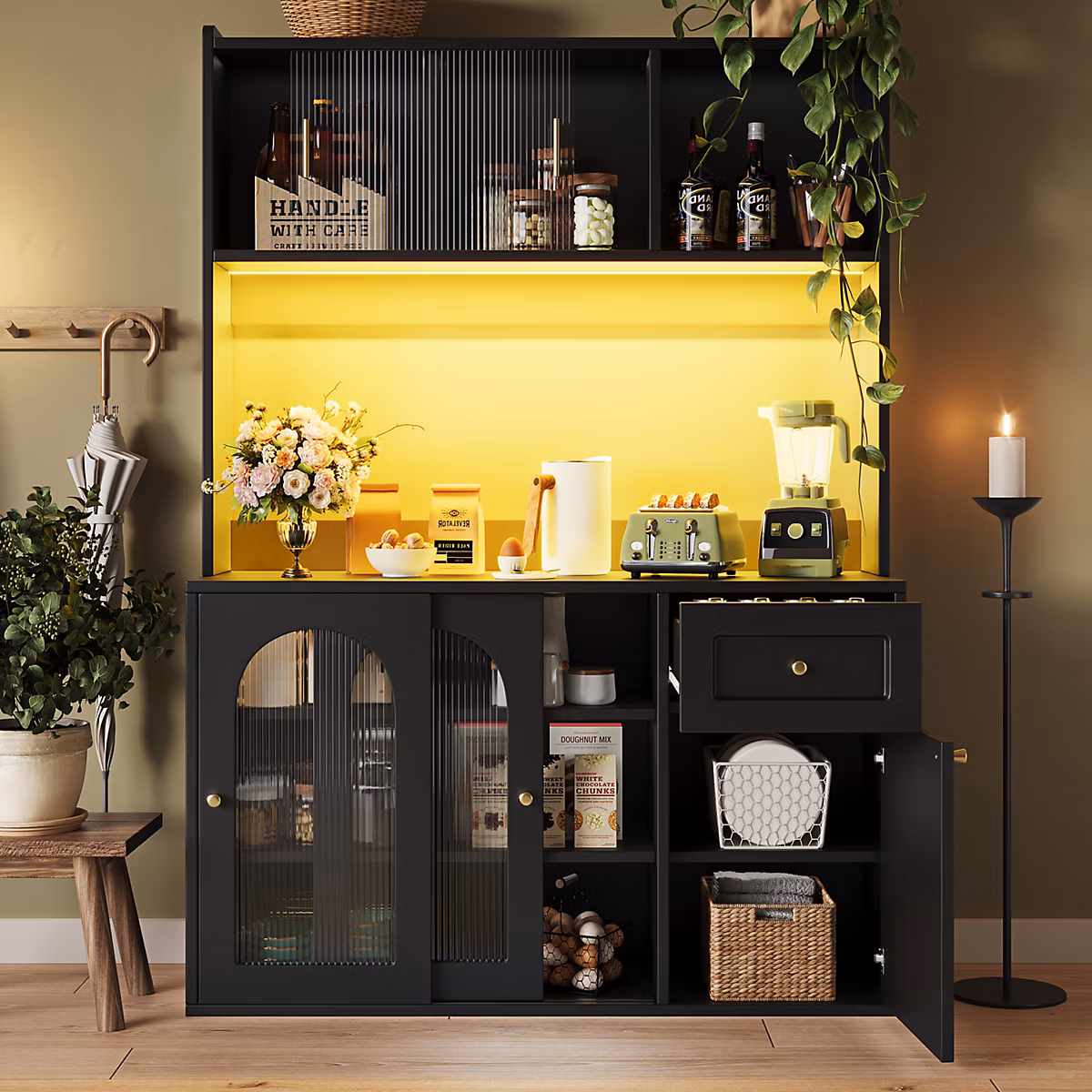 Meuble – Buffet haut 120 cm noir en MDF avec LED et portes vitrées coulissantes