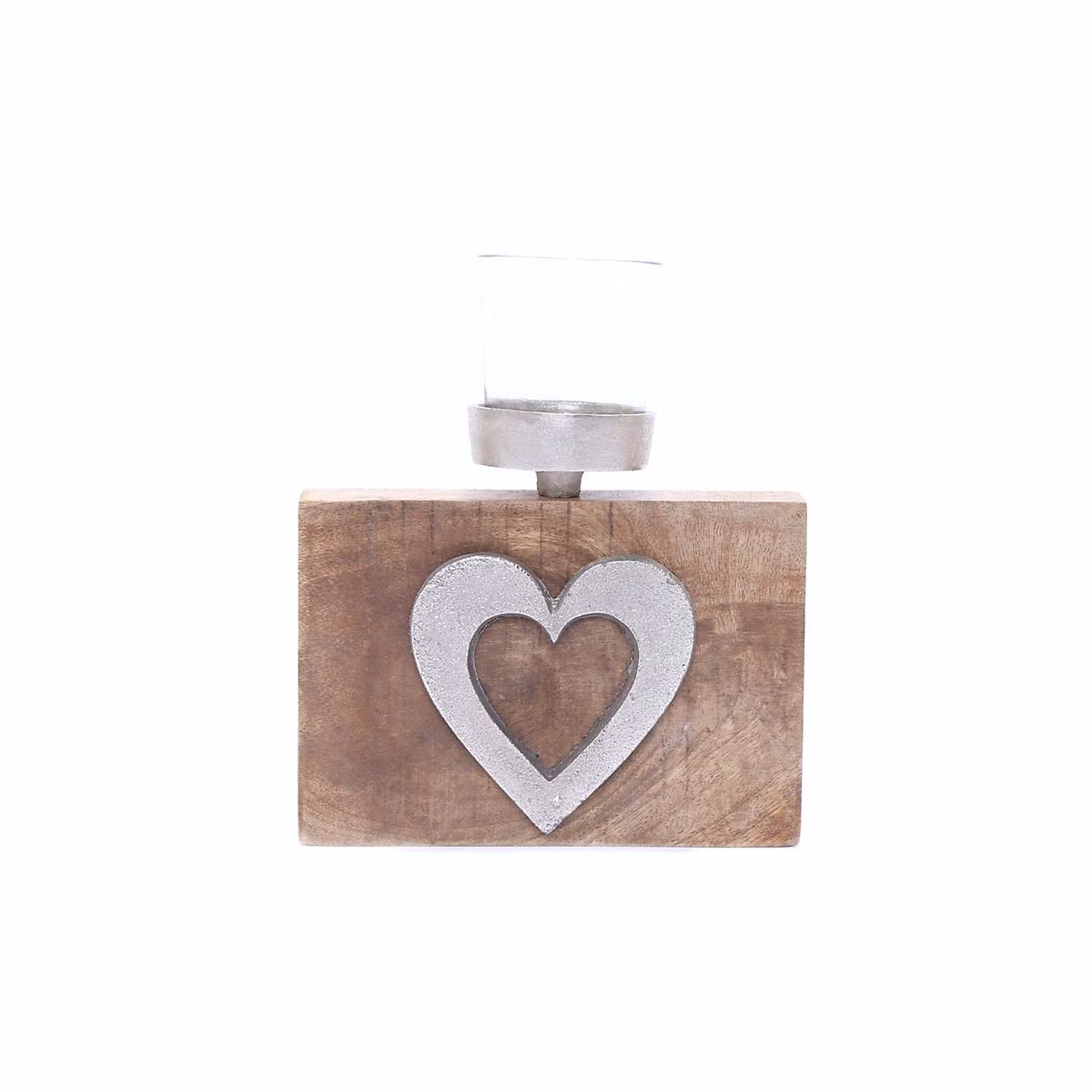 Bougeoir 1 bougie avec support cœur en bois grand modèle Marron – L. 15 x l. 15 x H. 19 cm