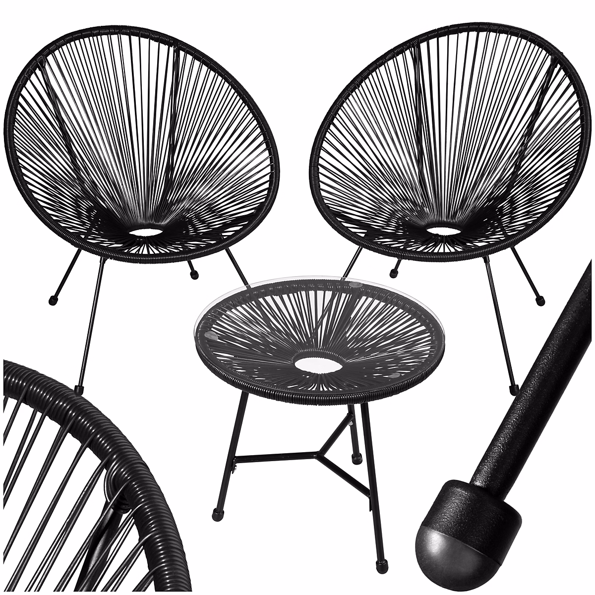 Salon et mobilier de jardin – Ensemble mobilier extérieur 2 chaises fauteuils noir style acapulco table verre montage facile