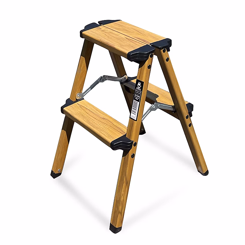 Escabeau Élégance Domestique 2 Marches | Hauteur d'accès au travail 2 – 48M – Marchepied – Fabriqué en Aluminium Finition bois (Chêne)