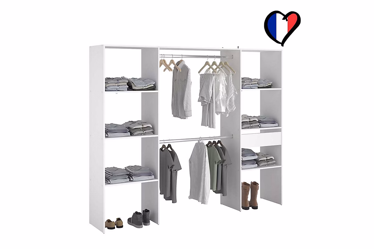 Dressing blanc 6 étagères 1 tiroir 2 penderies 220 × 40 × 180 cm ELYSEE