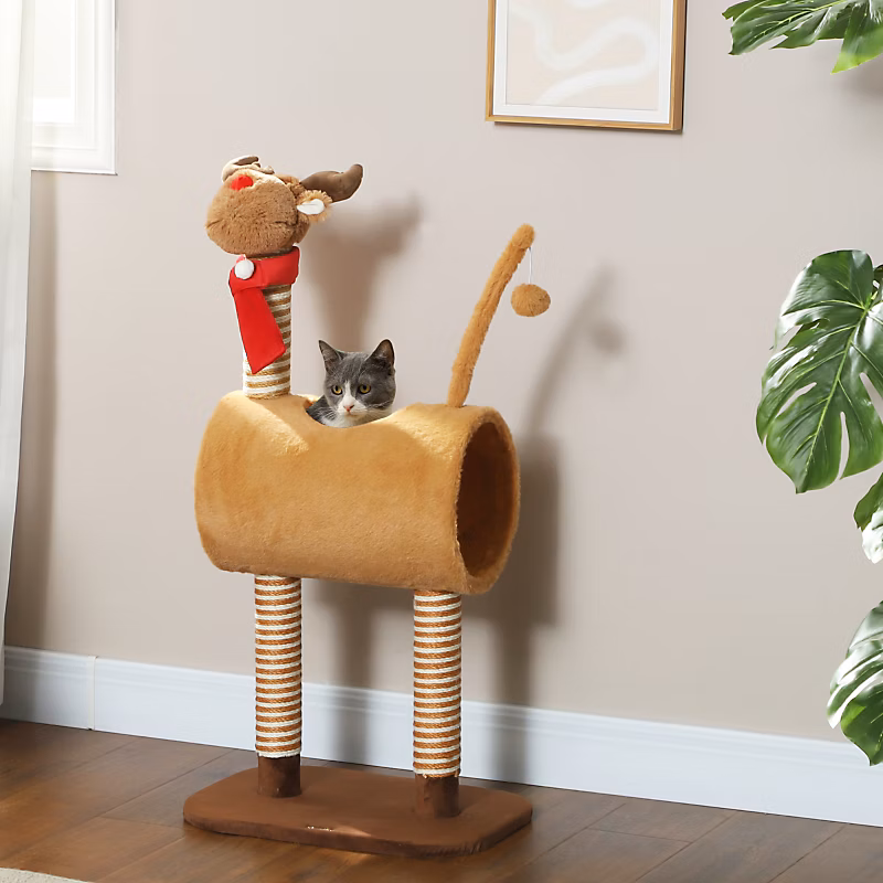 Arbre à chat 98 cm marron en polyester avec griffoirs et niche – Réf. ZBWRLBIHO2460054590