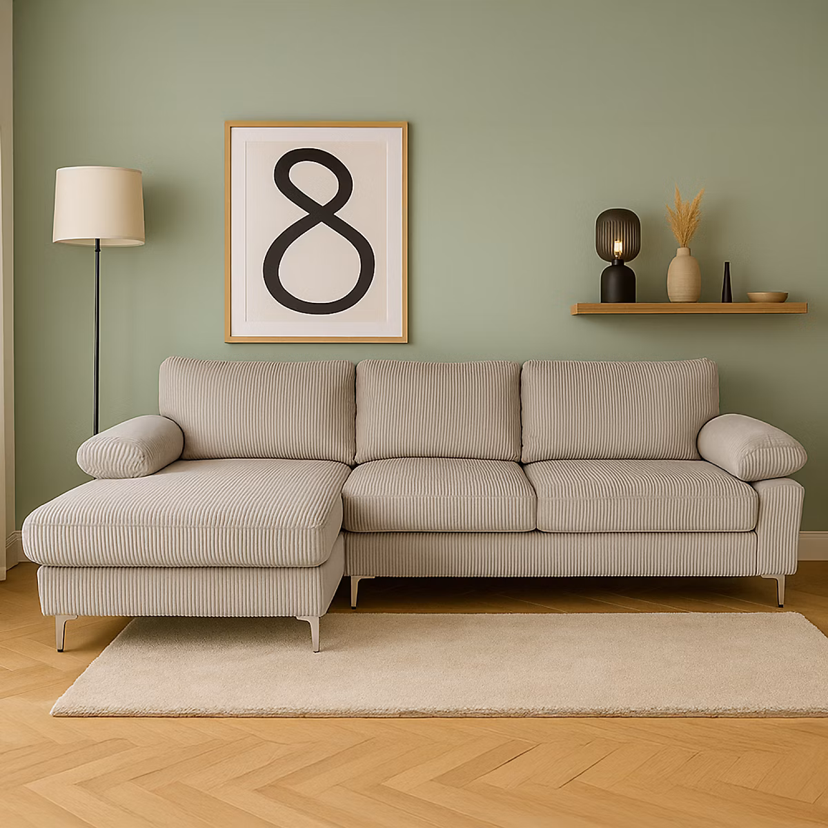 Canapé d'angle 4-5 places méridienne gauche velours côtelé beige GALWAY – Réf. WKYTIFJWF9284230504