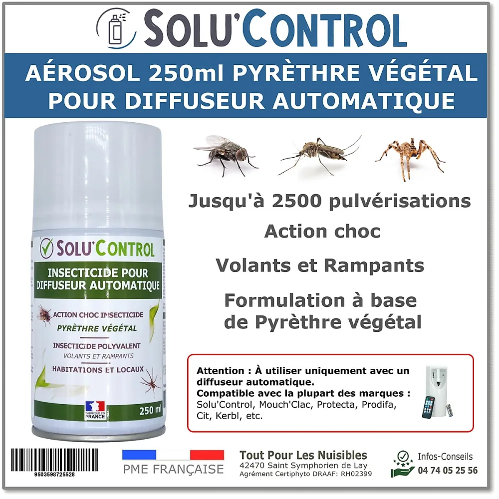 Aérosol 250 ml au Pyrèthre Végétal | Compatible Diffuseur Automatique – Action Choc Contre Volants et Rampants
