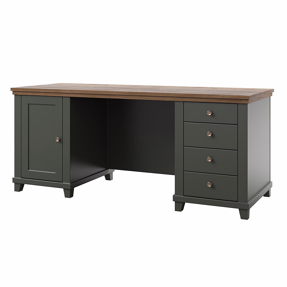 Bureau ASSIA 180 cm vert foncé et bois – Tiroirs, niches et rangement, Elégance intemporelle