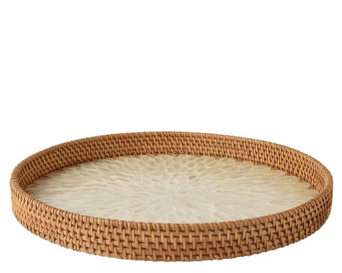 Plateau en rotin naturel et capiz blanc - Ø 38 x H 4 cm