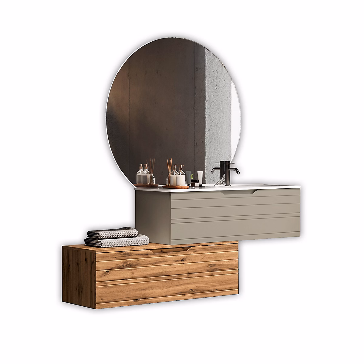 Ensemble meuble de salle de bains – Ensemble vasque droite 4 pièces SOLMIRA taupe/chêne