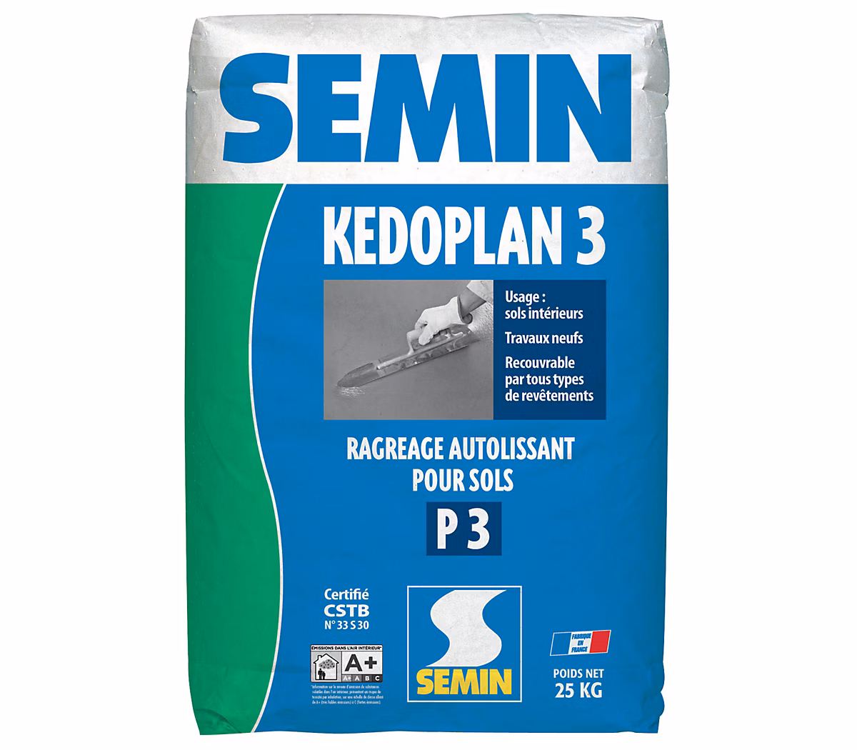 Enduit de Ragréage Autolissant Kedoplan 3 Semin – Sol Intérieur, sac de 25 kg
