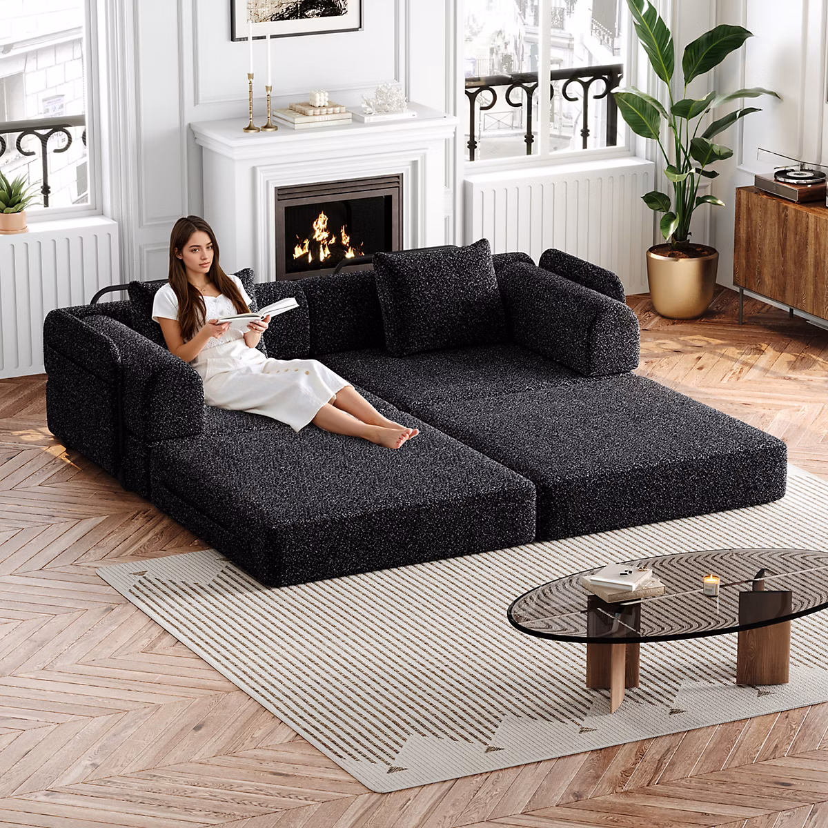 Canapé 1 place convertible avec rangement dans l'accoudoir – 3 cadres métalliques | tissu chenille noir