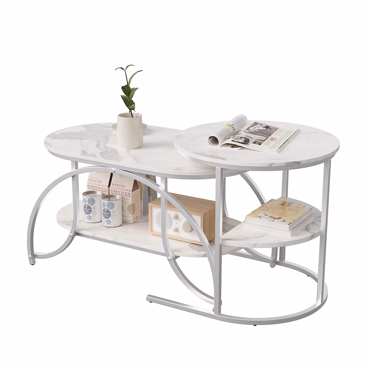 Ensemble De 2 Tables Basses Modernes – Aspect Marbre, Grand Rangement,blanc