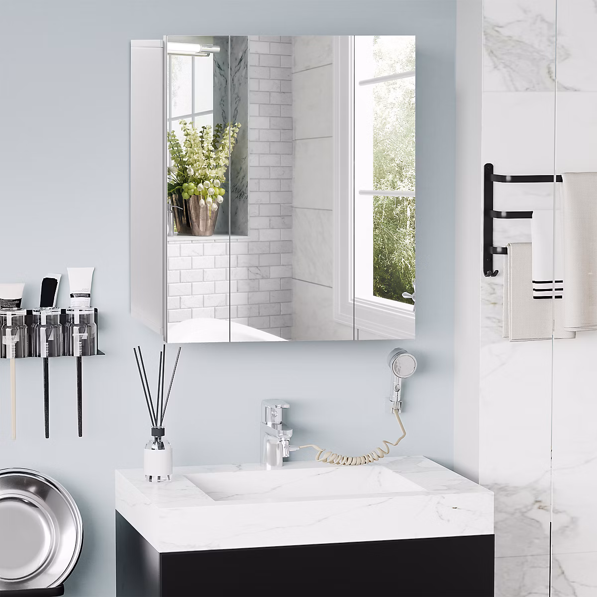 Meuble de salle de bains – Armoire miroir de salle de bain armoire murale 3 portes 2 étagères dim. 70L x 15l x 60H cm MDF blanc