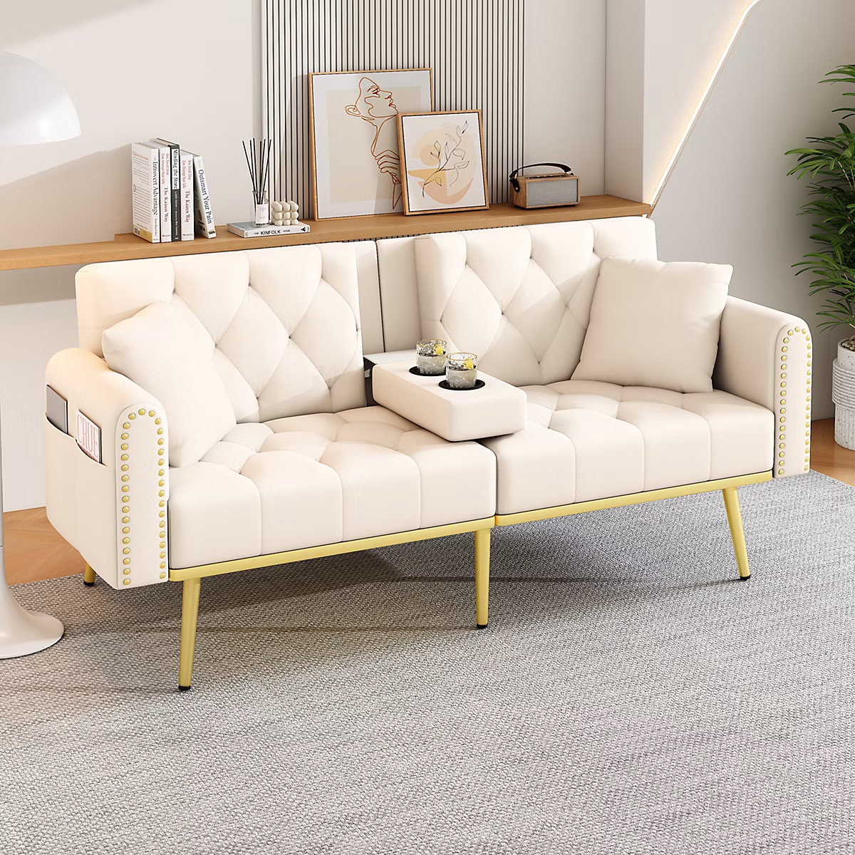 Canapé Convertible 2 Places – Canapé, Lit Double avec Porte, Gobelets et Relax, Velours Beige, 175x80, 89x73, 5 cm
