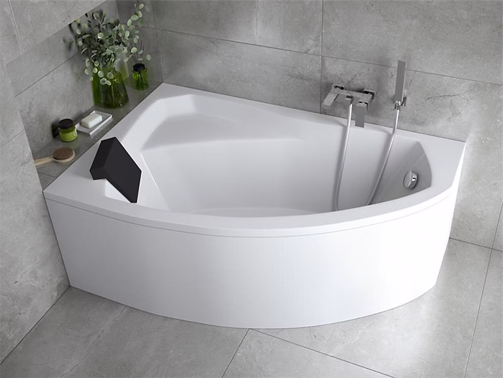 Baignoire asymétrique 170 × 110 Gauche RIMA acrylique blanc + avec Tablier + Repose Tête + Pieds + Vidage à chromé