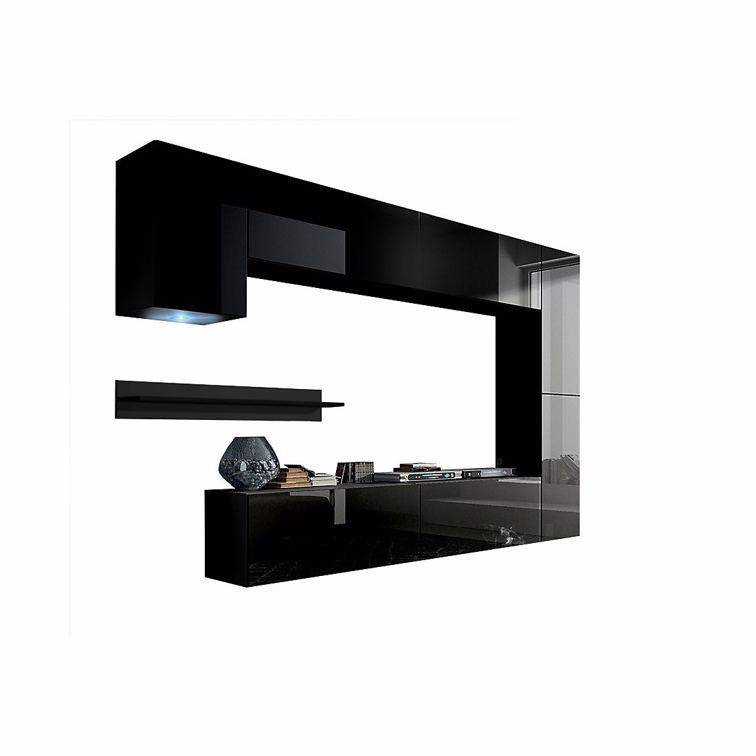 Ensemble meubles de salon noir suspendus collection CEPTO VI 256 cm – 7 portes, 6 étagéres, LEDs, modulables