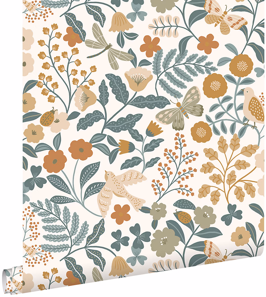 ESTAhome papier peint fleurs et oiseaux bleu grisâtre – vert olive grisé et jaune ocre 53 cm x 10.05 m