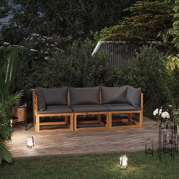 Canapé de jardin 3 places vidaXL en bois d'acacia massif avec coussin gris foncé – Réf. FZEIKVCBU5351662310
