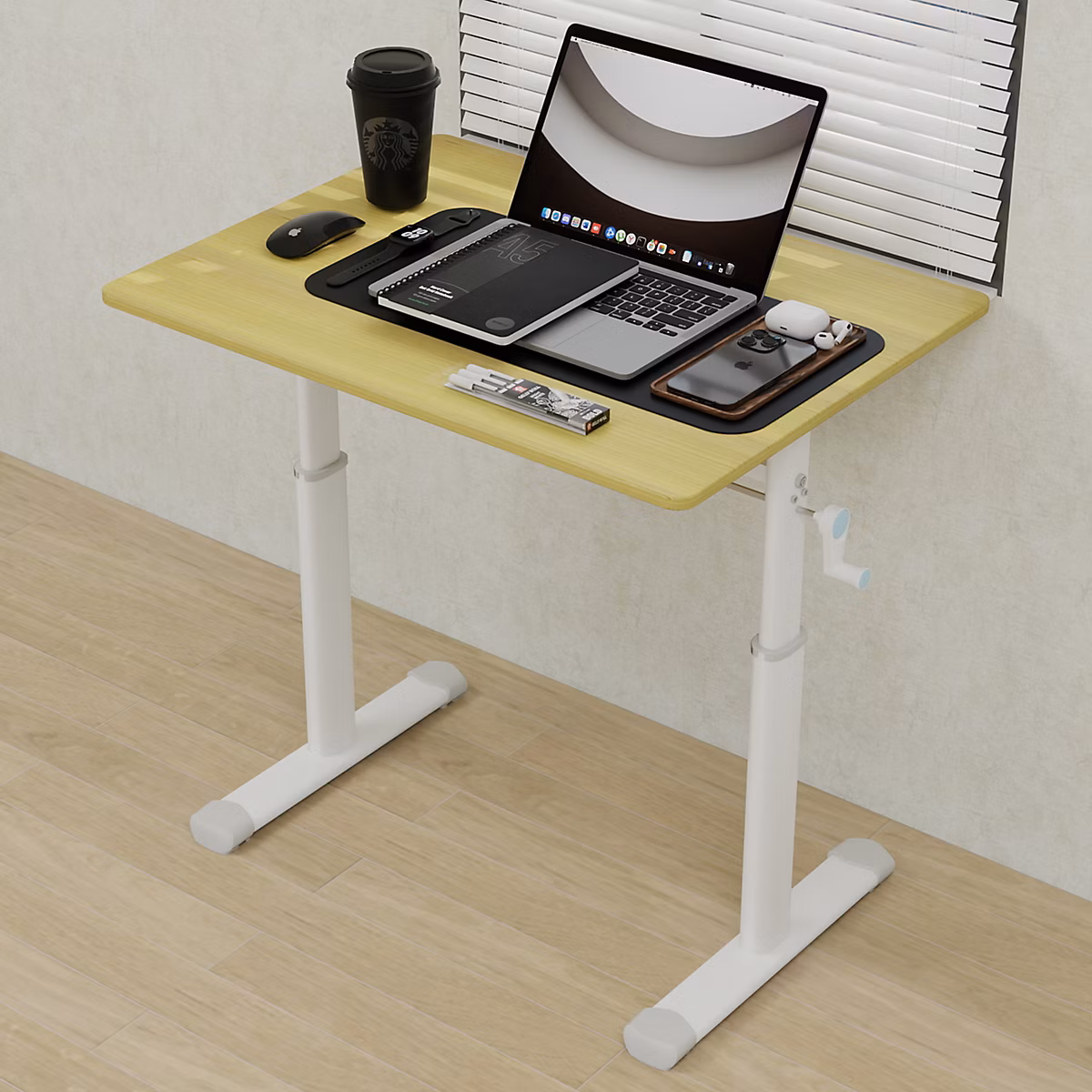 Bureau Réglable en Hauteur – Table d'Étude Enfant et Adulte avec Manivelle, Bureau Ergonomique, Bois + Métal, Pieds Blancs, Bois