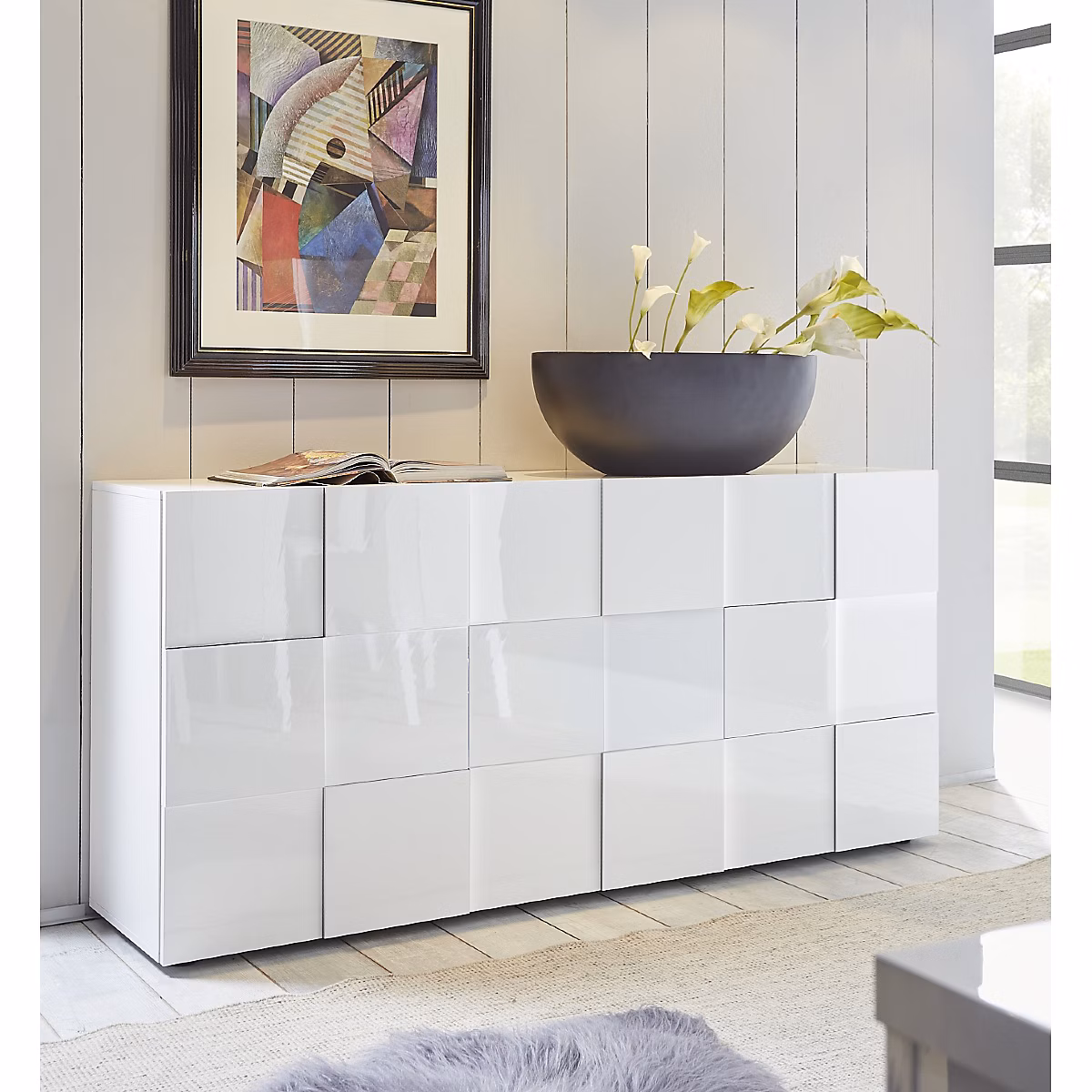 Meuble – Buffet bas design laqué blanc 3 portes MADO