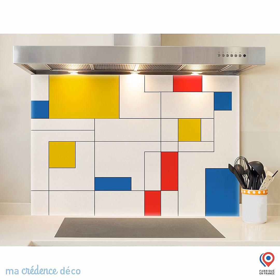 Crédence cuisine fond de hotte Mondrian – Verre trempé, L 70 cm x H 60 cm, MaCrédenceDéco