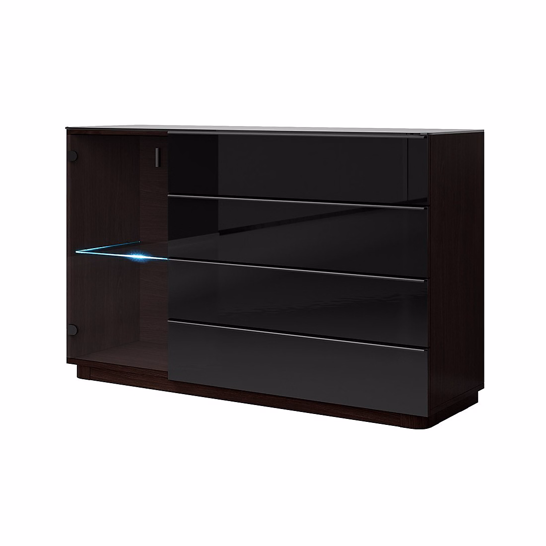 Buffet TONGA 138 × 87.5 × 43.5 cm avec 4 tiroirs – 1 porte et LED, coloris wengé