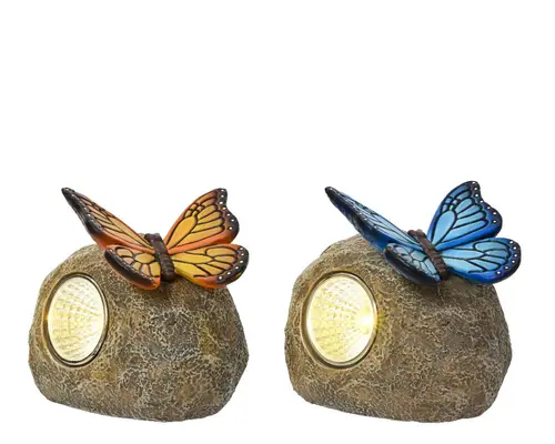 Pierre décorative avec papillon LED coloris blanc chaud - 7 x 9,5 x 9 cm