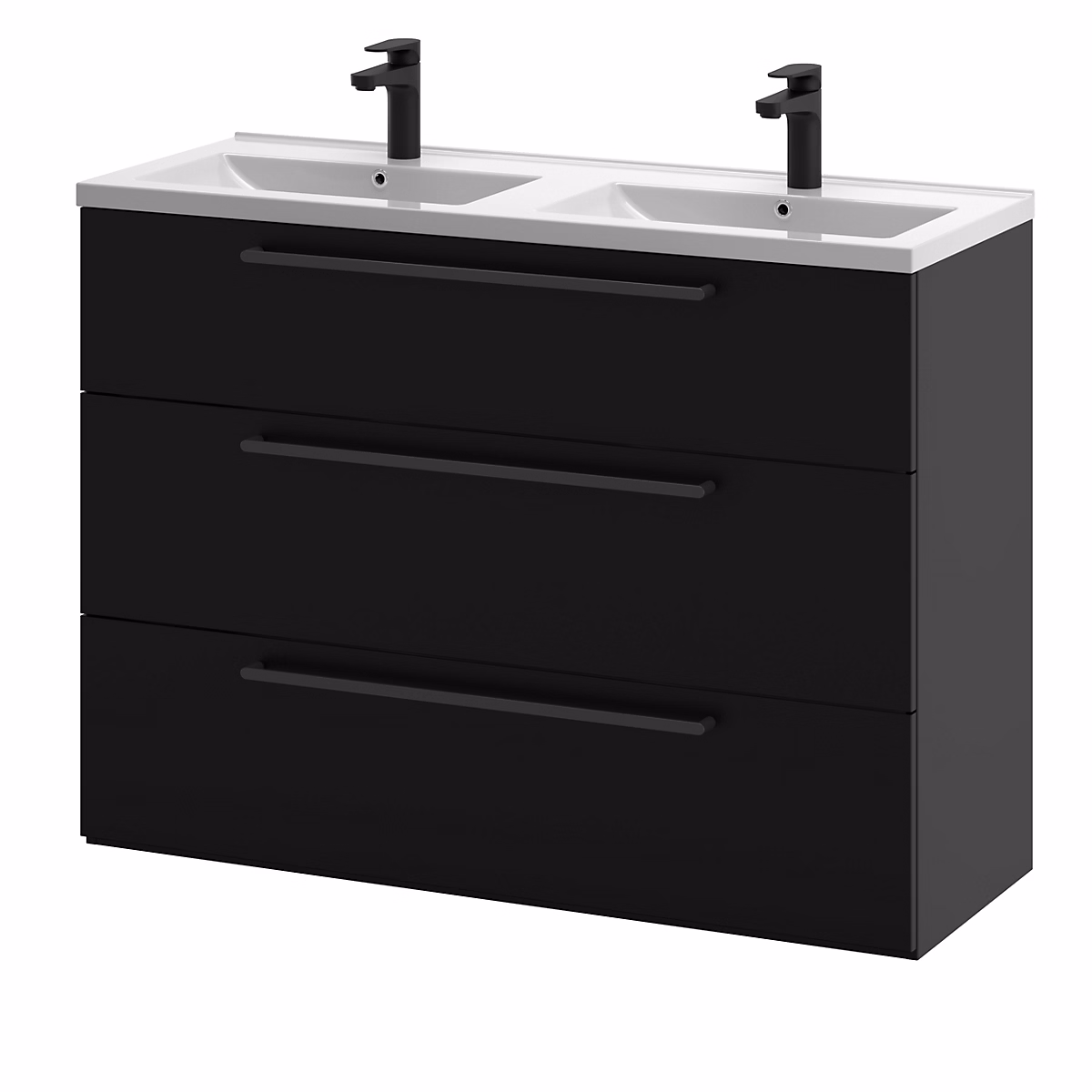 Meuble sous vasque à poser noir mat l.120 cm 3 tiroirs Imandra + plan double vasque blanc céramique Nira – GoodHome